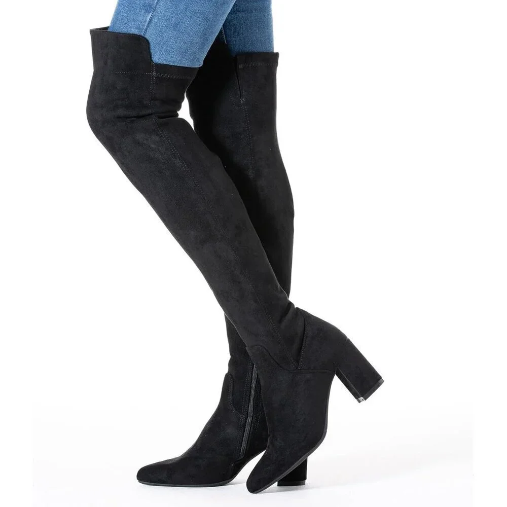 Women Black\3inch Suede Over the Knee Thigh High Chunky Block Heel Winter Boots